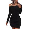 2026 Europe, America, autumn and winter solid color metal buckle diagonal shoulder collar tight hip slim sexy long-sleeved dress elegant