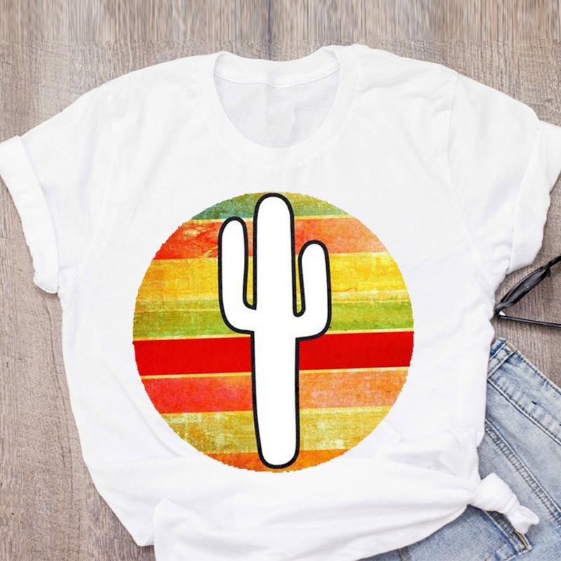 White Casual TShirt Diamond Border Decor With Desert EleUnisext Print Tall Cactus Sun Bird Skull Mountains Personalized Trendy Top
