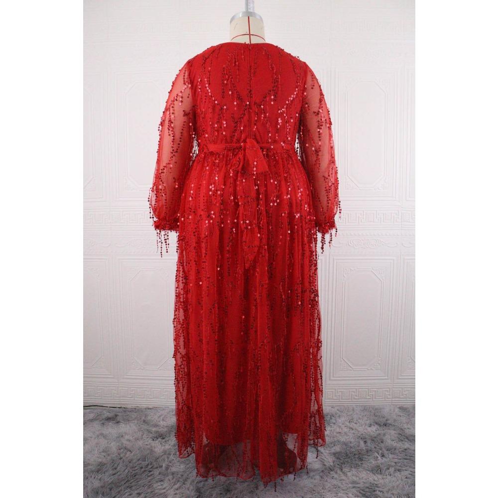 Plus Size Womens Elegant Sequined Bridesmaid Dress V-Neck Long Sleeve Slit Fitted Temperament Wedding Party Dress