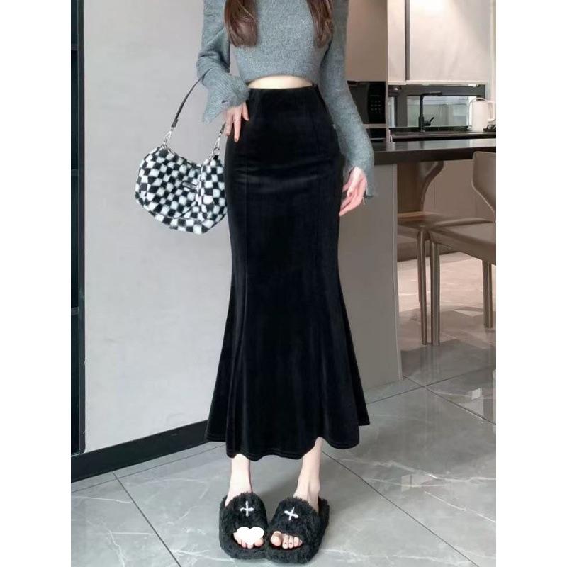 Black gold velvet skirt women's sky velvet thickened high waist and thin medium and long a-word hip-wrapped fishtail skirt