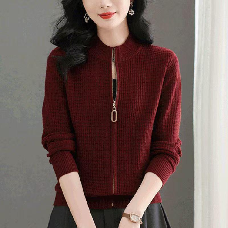 

Женский вязаный кардиган на молнии однотонный 2025 - Свободный крой, воротник-стойка, универсальная и модная короткая куртка-свитер Other