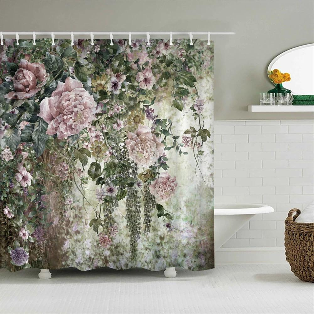 Romantic Retro Blooming Flowers Shower Curtain Garden Bath Curtains Waterproof Polyester Bathroom Shower Curtains Set with Hooks