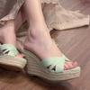Módní letní dámské plátěné sandály pantofle venkovní pantofle sandály na silné podrážce boty na klínku s vysokým podpatkem ženy