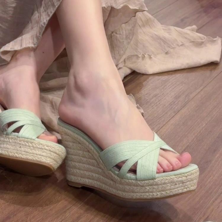 Módní letní dámské plátěné sandály pantofle venkovní pantofle sandály na silné podrážce boty na klínku s vysokým podpatkem ženy