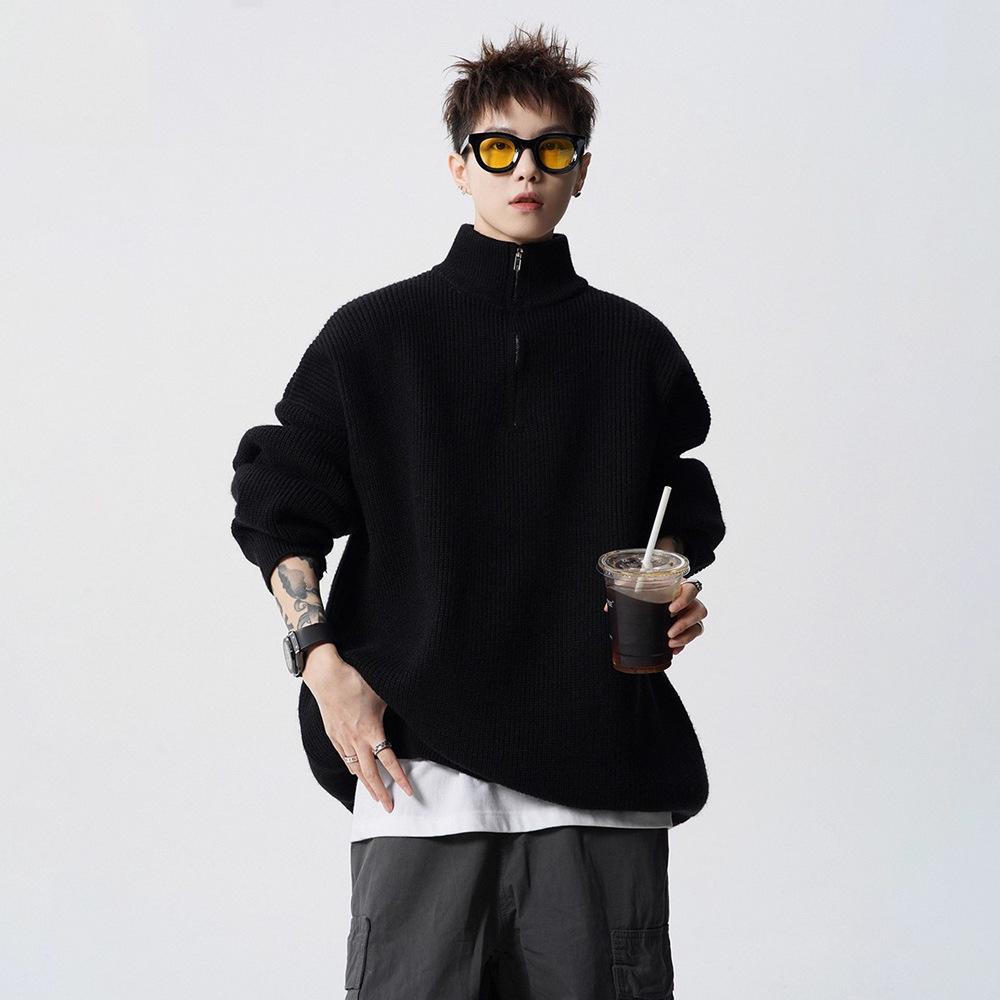 Мужской зимний тяжелый вязаный свитер с воротником-стойкой, однотонный XXL