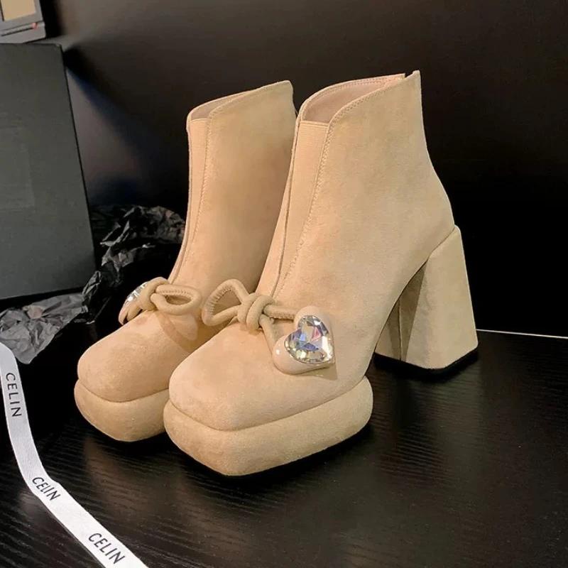 Bow Women's Boots Sexy High Heels Luxury Crystal Suede Shoes  Fashion Pumps Chelsea Boots New Elegant Dress Ladies Boots