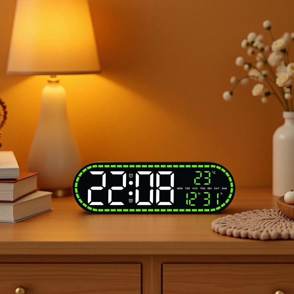 Digital Wall Clock Temperature LED Clock Week Date 2 Alarms Brightness Adjustment Timer Snooze Second 12/24H USB Powered Clock