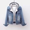 Cappotto in Denim con Cappuccio a Bottoni Singoli da Donna Capospalla Patchwork con Cappuccio Tasche Uniformi Streetwear Giacca Calda