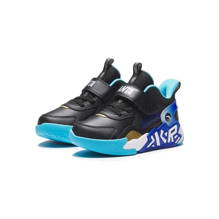 Anta Kids Shock Absorption Low Top Basketball Shoes Kids Sneaker Black Blue Silver 312349956-2
