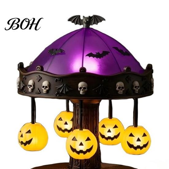 Creepy Halloween Table Light Ghost Carousel Light, Night Gothic Stained Glass Shade Horror Themed with Floating Ghosts/Pumpkins, Spooky Lamp