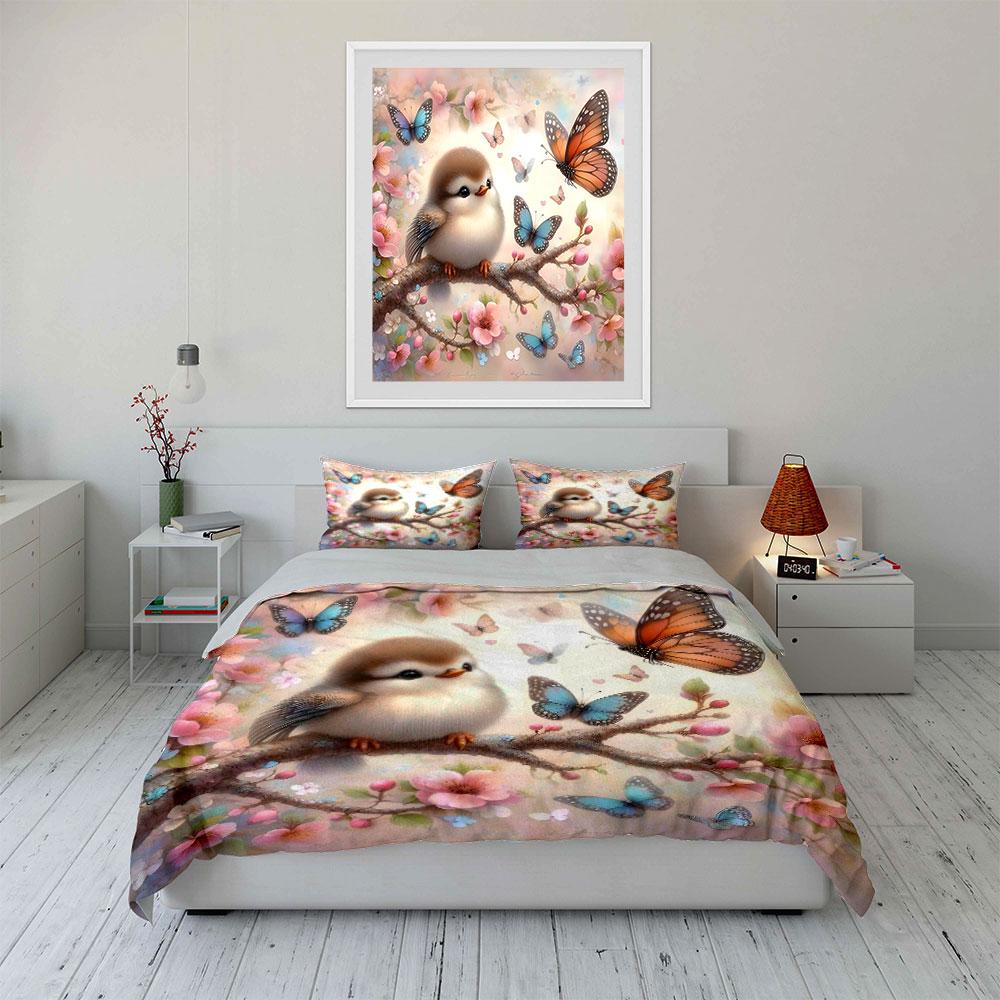 Cute Bird And Butterflies Decor Set Multiple Sizes Kid'S And Adults' Bedroom Exquisite 3Pc Bedding Set, Gift