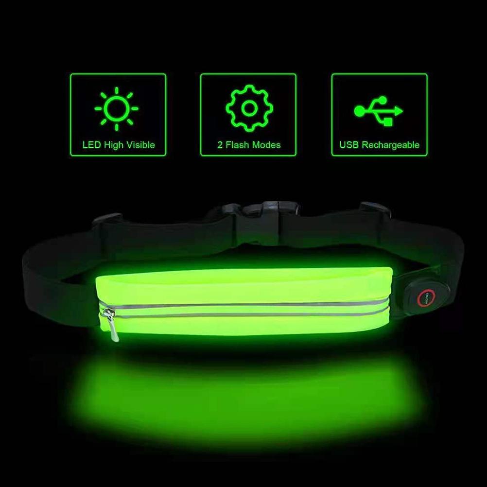 Riñonera LED Ajustable para Correr Recargable por USB Riñonera con Cinturón Reflectante LED con Cremallera para Ciclismo y Senderismo Bolsa de Cintura fluorescente verde