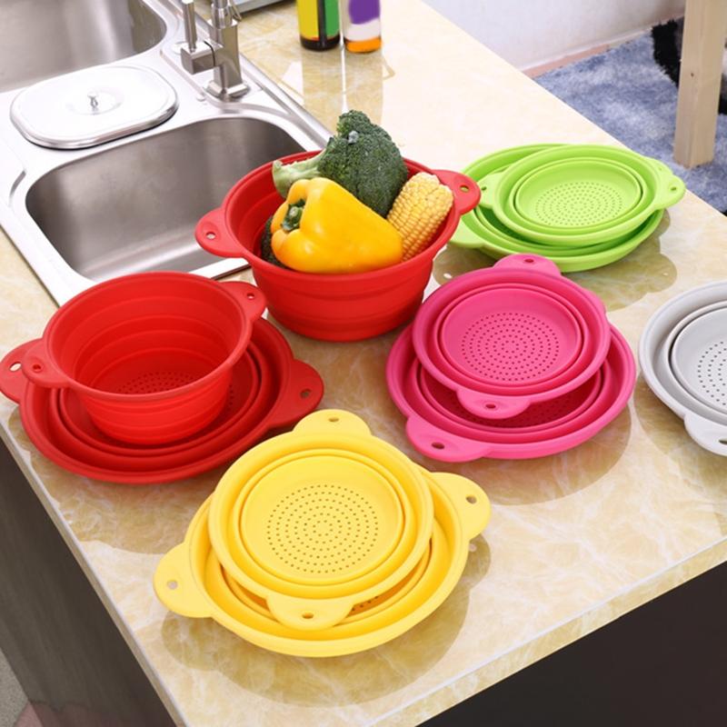 Folding Silicone Drain Basket Fruit Vegetable Washing Basket Foldable Strainer Colander Collapsible Drainer Kitchen