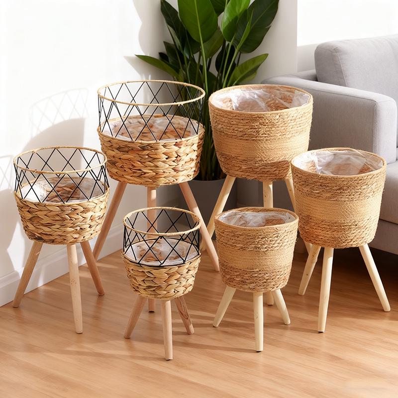 Nordic Rattan Woven Flower Pot and Stand for Living Room/Balcony Decor.