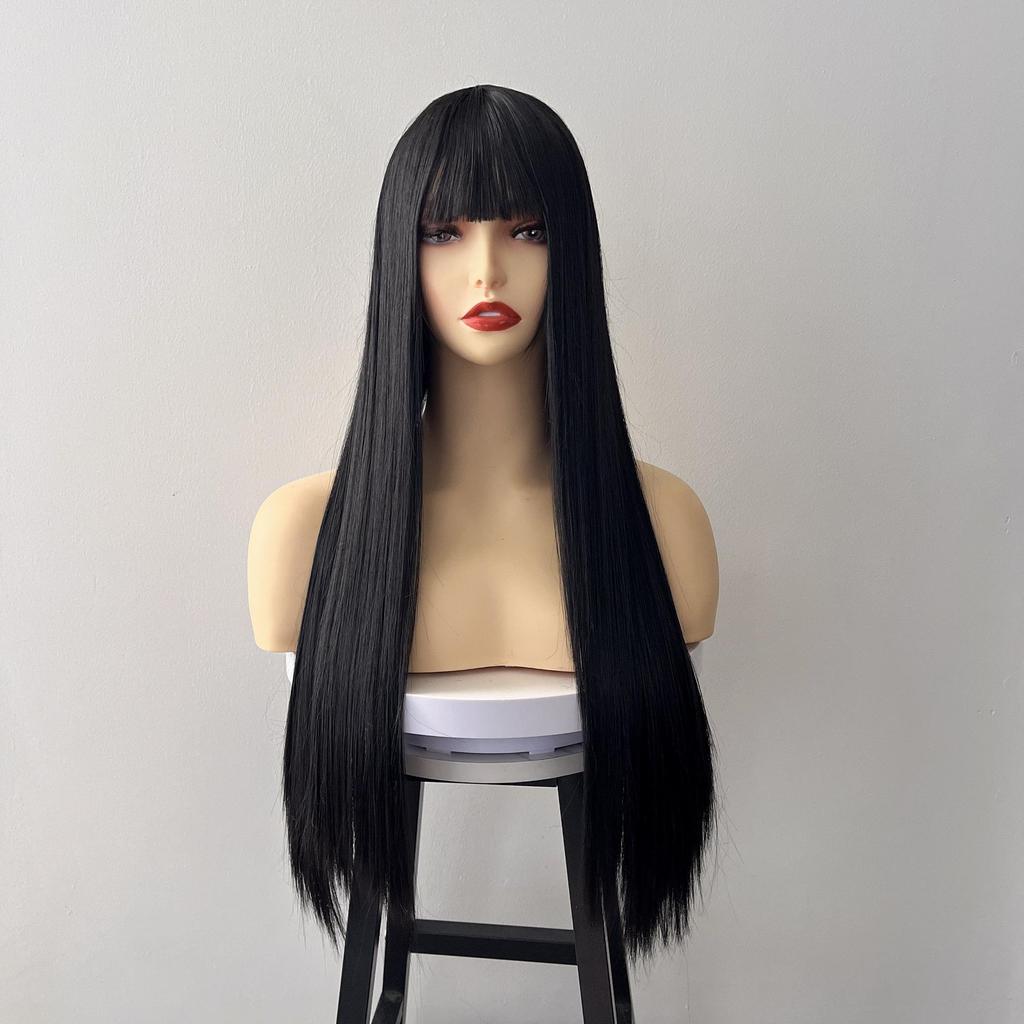 Universal Daily Style Black Long Straight Synthetic Wig with Bangs