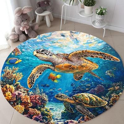 Underwater World Round Rug Sea Turtles Corals Fish Print Floormat Non-slip Absorbent Home Decor Carpet for Kids Room Living Room