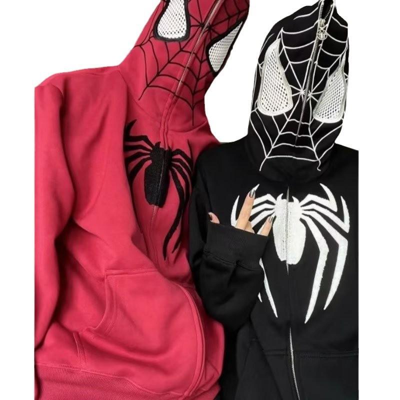 American Retro Spider-Man Hooded Zip Sweatshirt Streetwear Couple Jacket Teens