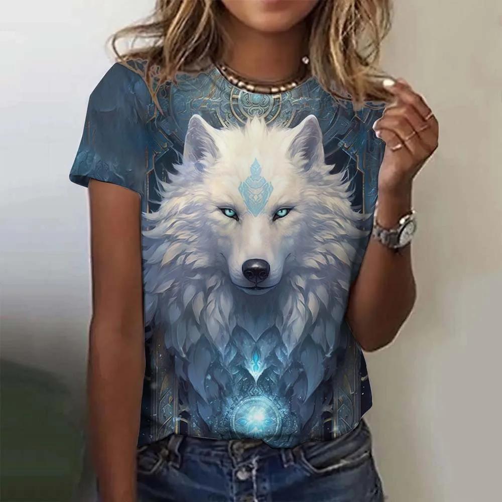 Sommer Rundhals 3D Tier Wolf Muster Druck Top Modische Lässige Kurzarm Damen T-Shirts