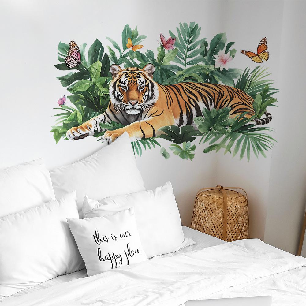 Tiger King of Jungle Wall Stickers with Lush Green Plants, Calming Wild Nature Wall Art for Bedroom and Living Room Home Decor