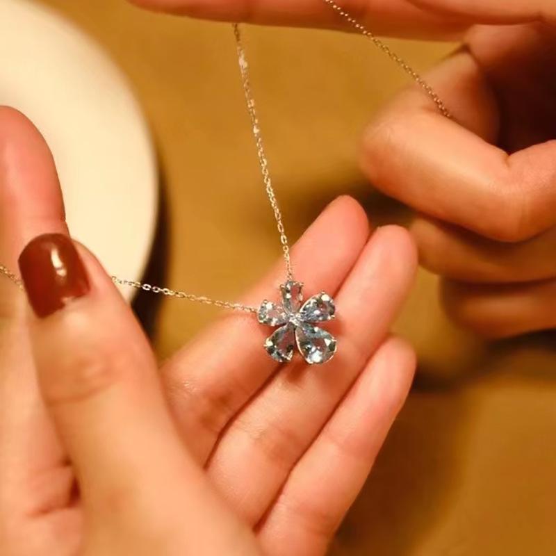 

Серебряный Чокер S925 с Голубым Аквамариновым Цветком, Женский Стиль Ретро Легкой Роскоши 2021