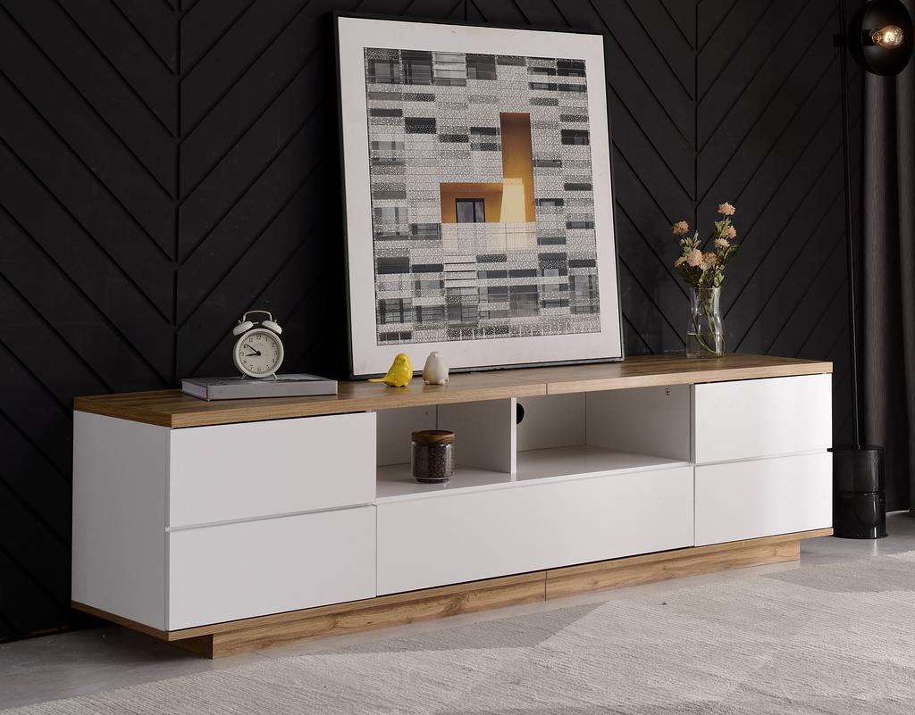 Modern Color Block TV Cabinet in White, TV Cabinet with Wood Grain, 180 cm