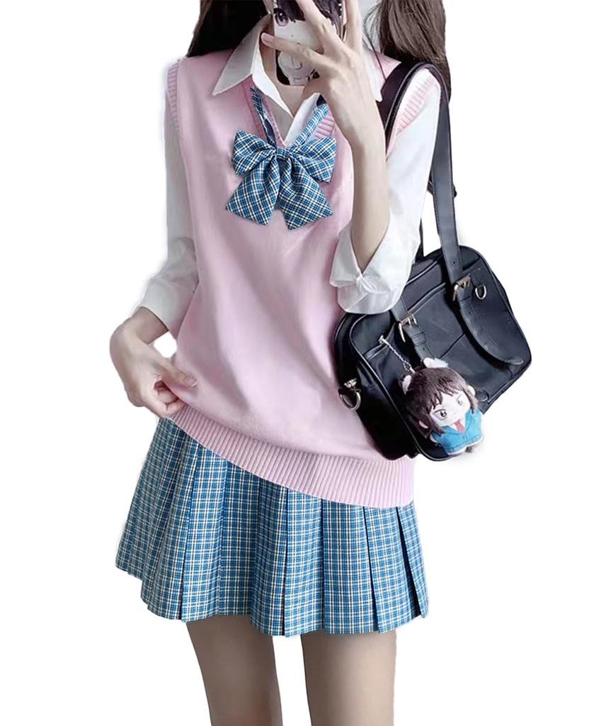 KALAOK Cosplay Uniform JK Solid Color Halloween Photography Size S Set, Outerwear, Costume, Photograph, Pink,