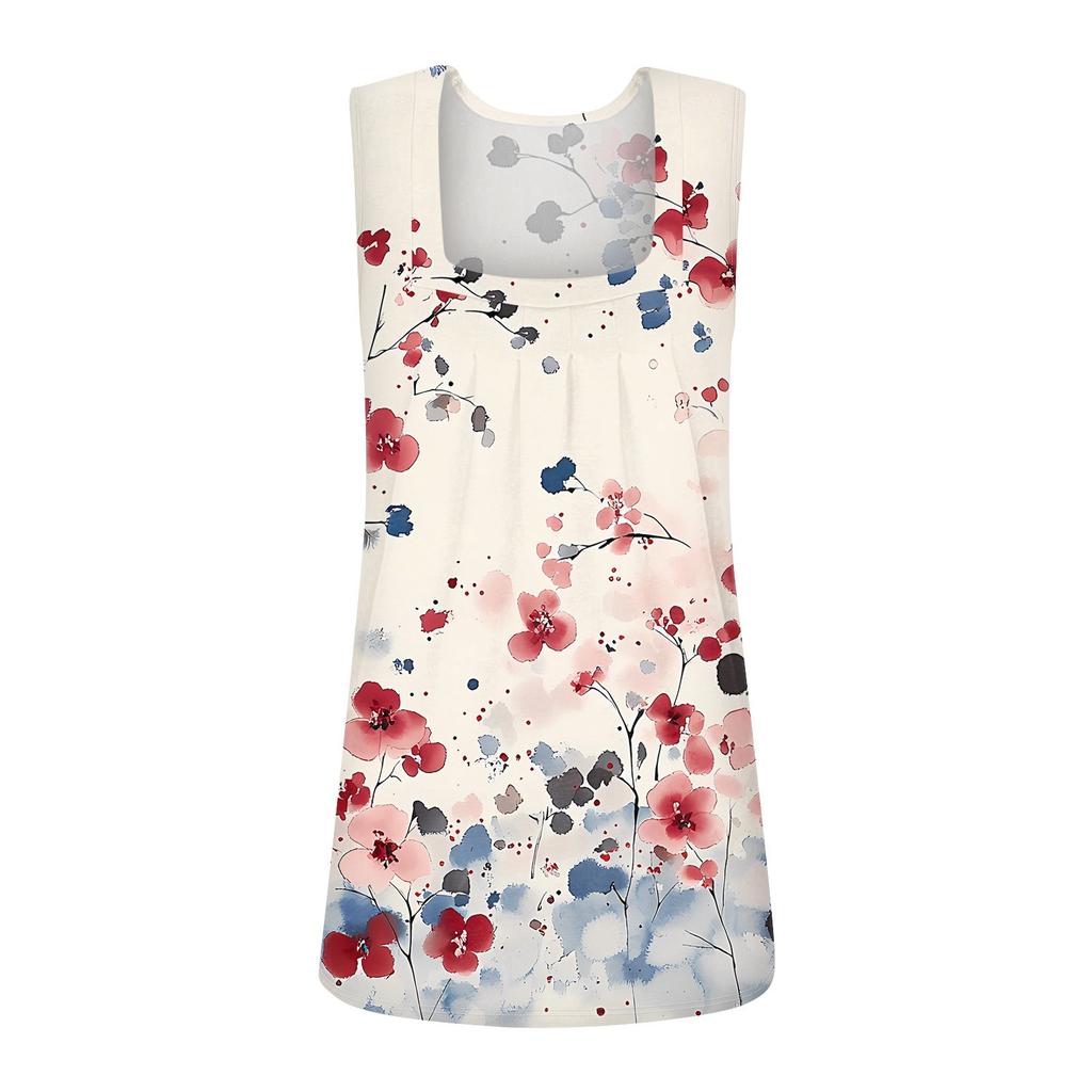 Square Collar Tank Top Women Print Tank Tee Casual Loose Fit Sleeveless Shirt