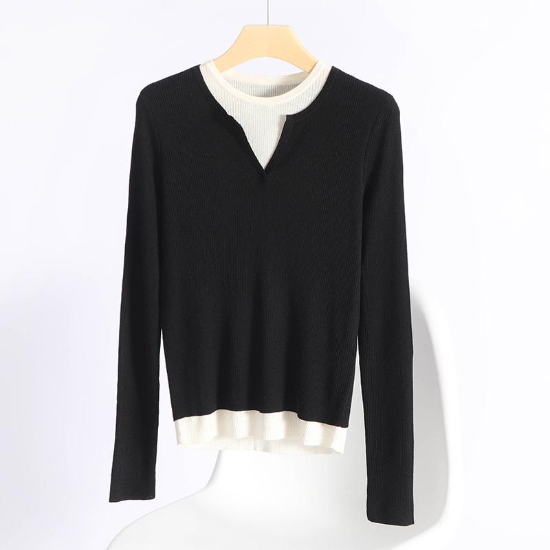 Women's 60s Fine Wool Color Block Sweater, Slim Fit, Elastic Round Neck, Fake Two-Piece Knitwear for Spring & Autumn