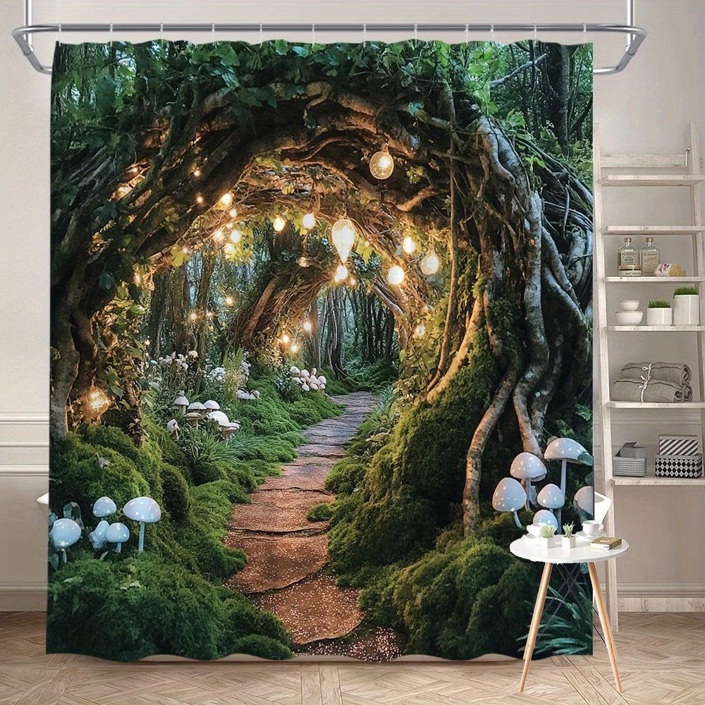 1Pc Enchanted Forest Pathway Shower Curtain - Twisted Tree Arch, Glowing Fairy Lights, Mushroom Plants, Serene Twilight Forest W60H190(CM)-1 Pcs