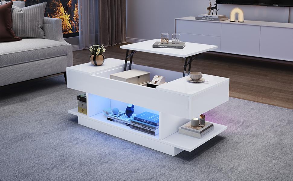 98*45*40cm Lift Coffee Table with Lift Tabletop, Height-Adjustable, 2 Flip-Top Cabinets, Semi-Open Storage, High-Gloss, LED, White