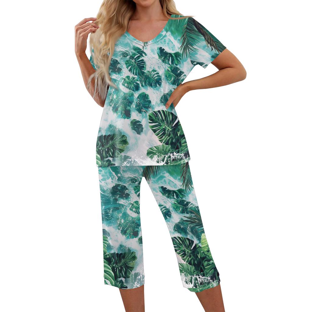 2 Piece Sets For Women Short Sleeve Top And Pants With Pockets Workout Soft Print Sets
