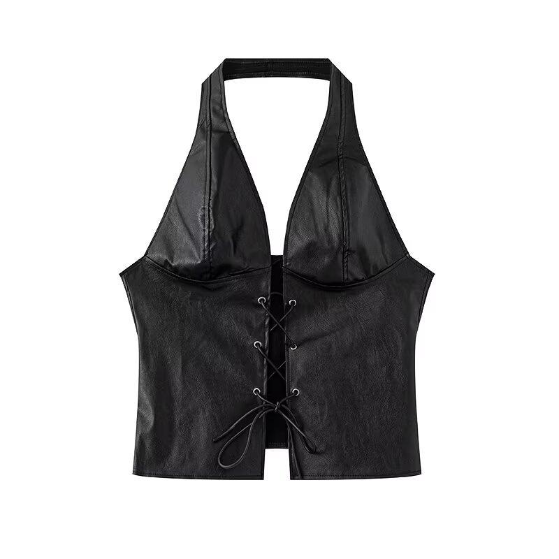 2025 Spring Women's Euro-American Style Halter Tie-Up Cutout PU Crop Vest