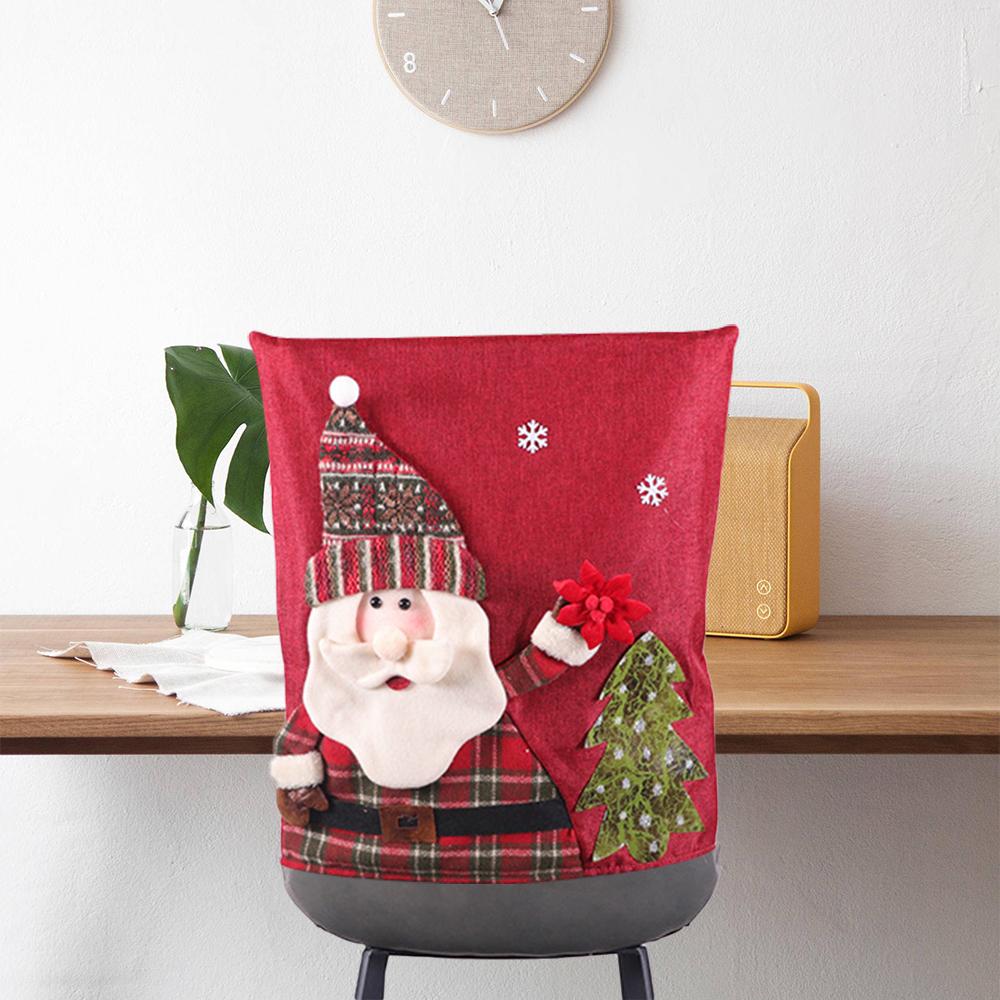 Chair Cover Red Plaid Snowman Santa Chair Back Cover Eco Friendly Linen Chair Backrest Cover Christmas Decoration