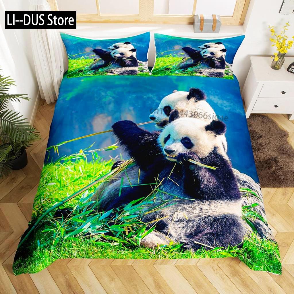 Panda Duvet Cover Set King Size Black And White Animal Comforter Cover With Pillowcases Starry Sky Blue Ultra Soft Quilt Cover