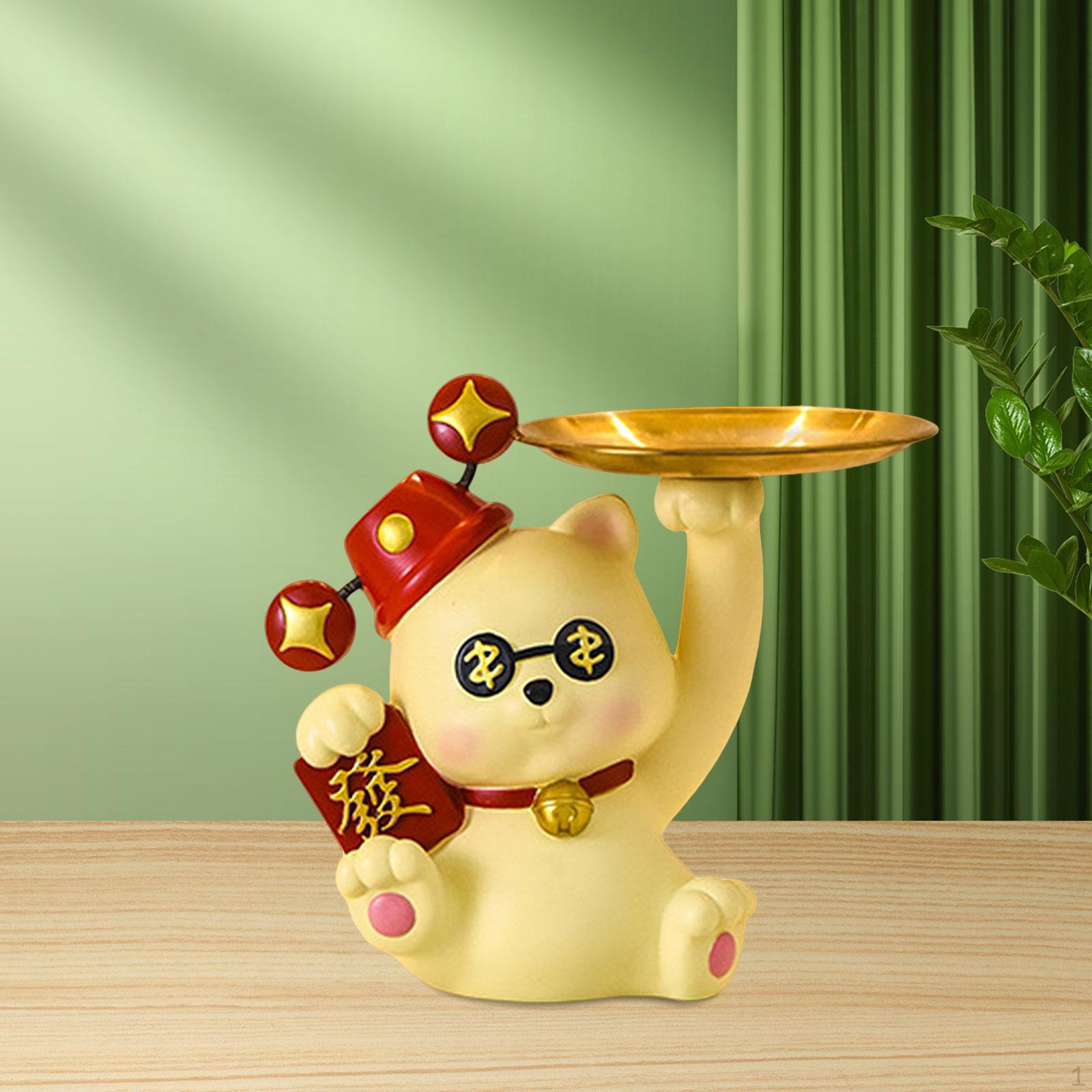 

Cat Statue Desktop Organizer Ornament Sundries Container Home Decor Key Storage Tray with for жовтий