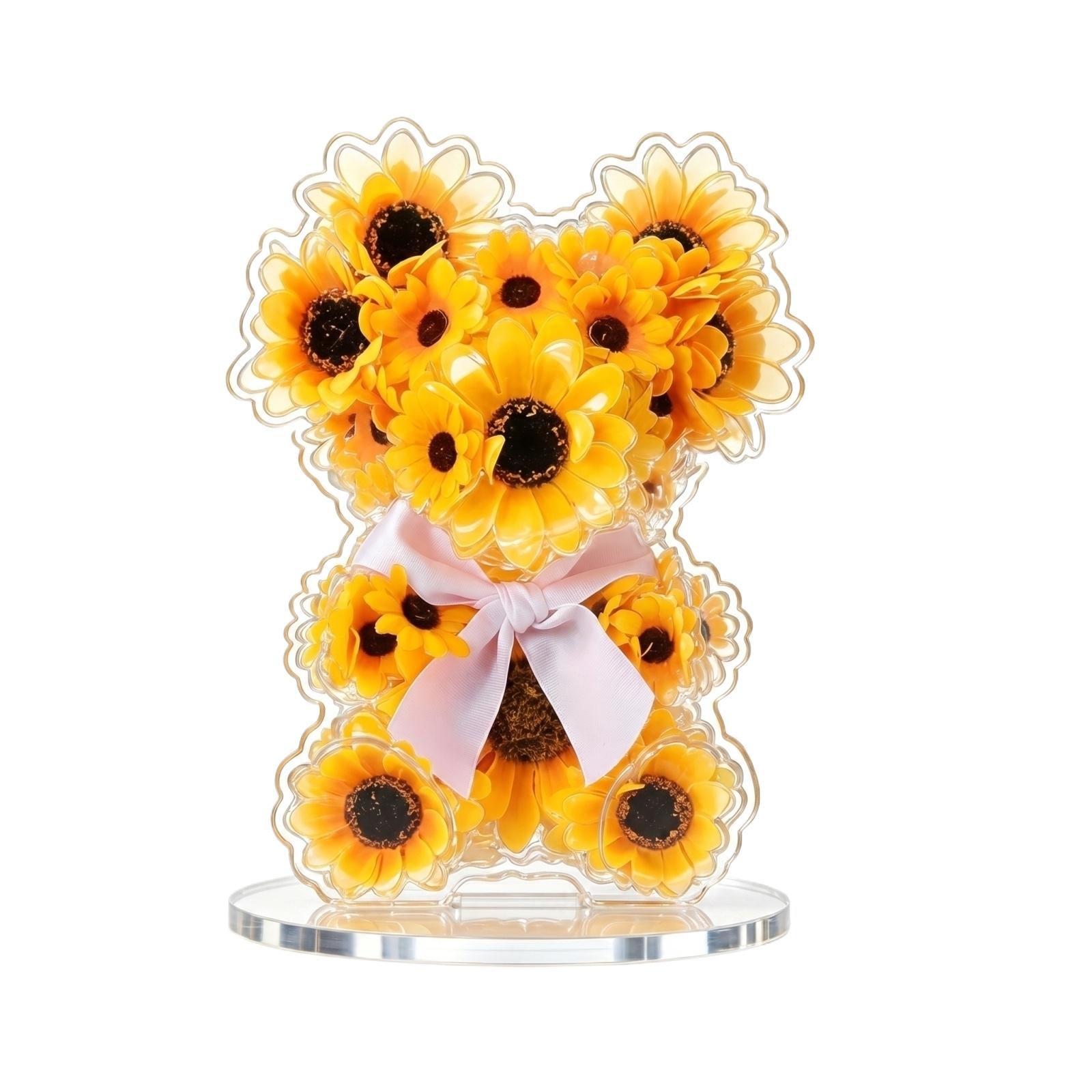 

Acrylic Bear Figurine with Sunflower Design Decorative Home Ornament on Round Base Suitable for Desk Shelf Display and Gift Use One Size