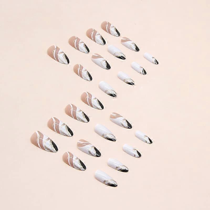 French Press On Nails with Gold Line Designs, Almond Shape Nail Manicure In Medium Size, Includes 24 Nails, 1 Sheet Nail Glue Sticker, 1 Mini File Wh