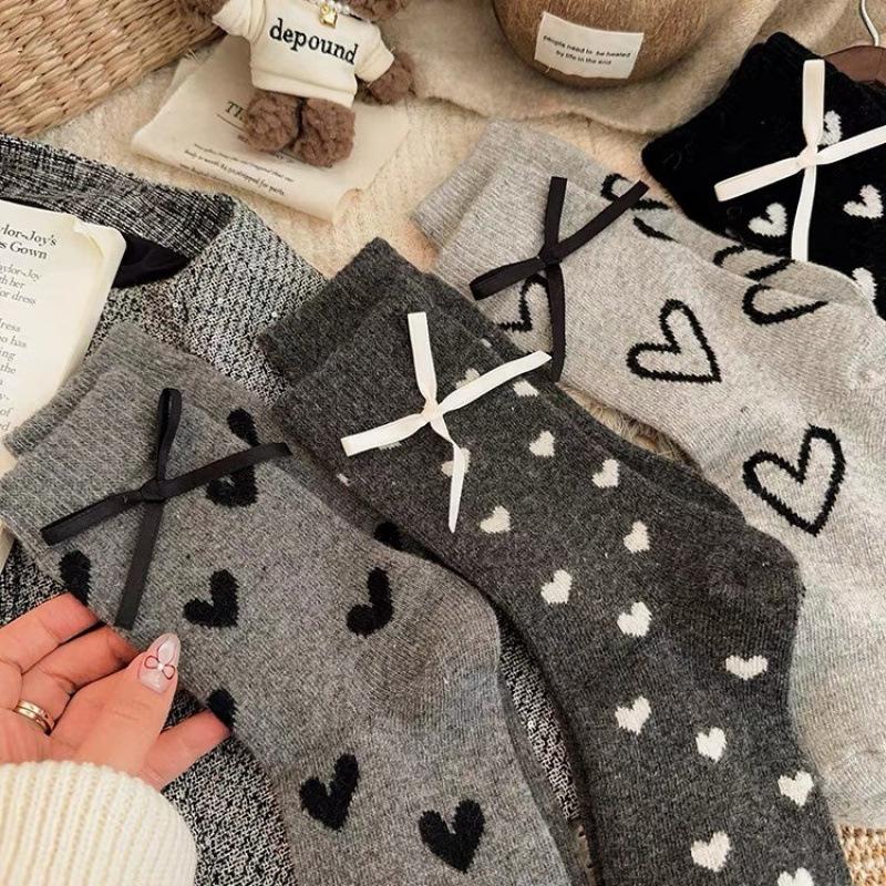 Gray Love Bow Wool Socks Children'S Medium Tube Socks Season Fleece Thickened Warm Cashmere Winter Stockings