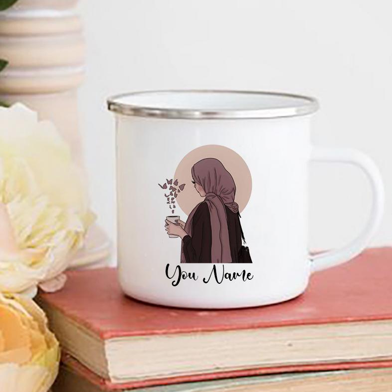 Personalised Hijabi Girl Printed Mug Coffee Cups Drinks Water Cup Muslim Girls Custom Name Enamel Handle Mugs Handle Eid Gifts