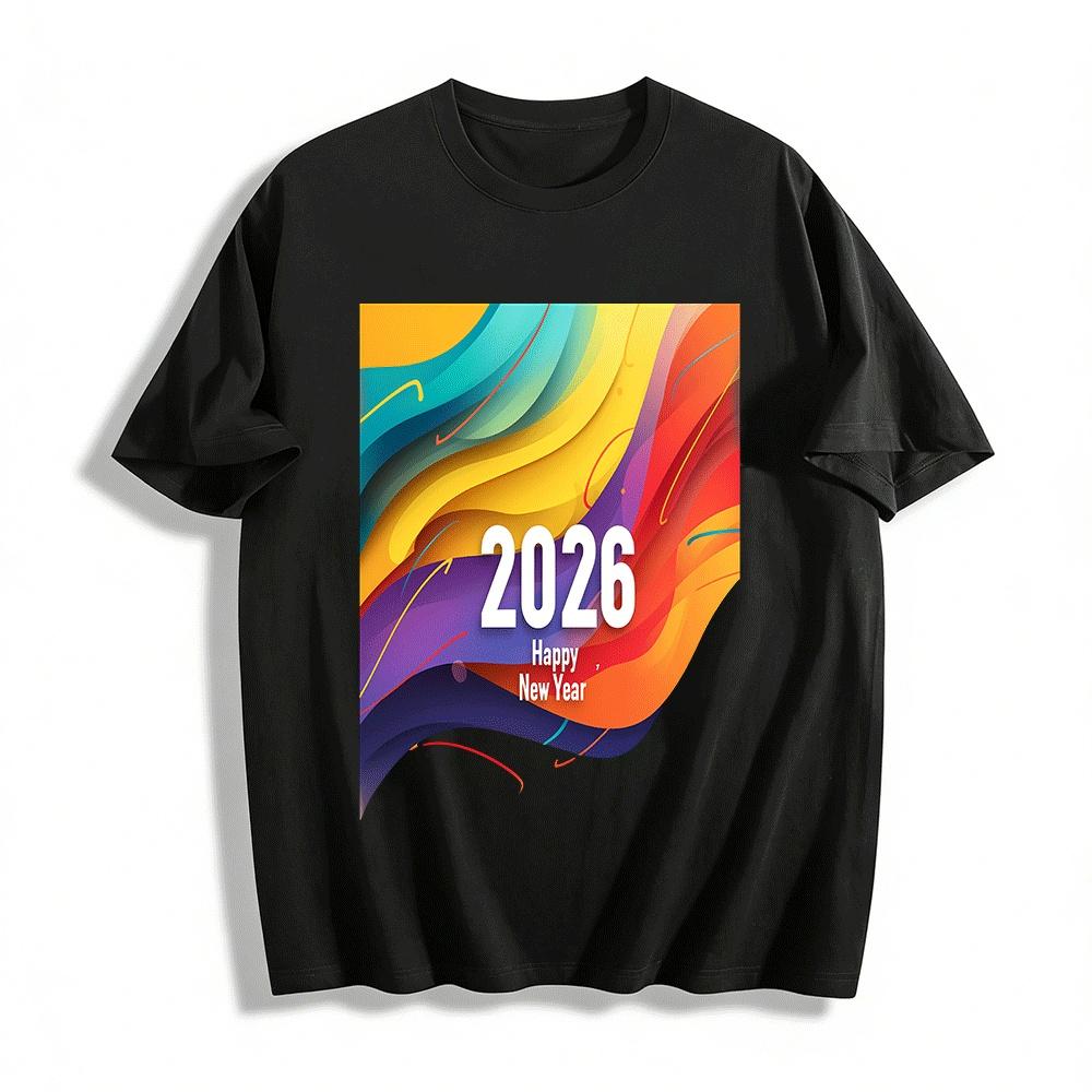 2026 Happy New Year Color Gradient Trendy Casual Printed Top Pure cotton T-shirt XXS