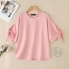 ZANZEA Women Casual Round Neck Loose Lace Up Half Sleeve Blouse
