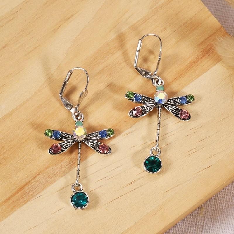 Elegant Personalized Carved Dragonfly Earrings Seven Colored Gems Hook Drop Earrings Wedding Engagement Earrings for Women