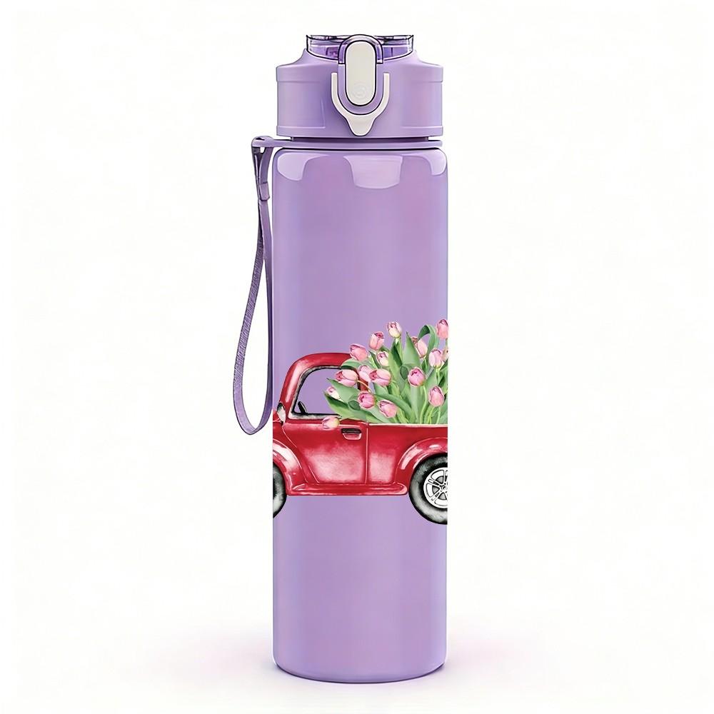 1PC Red Pickup Truck Vintage Retro Pattern 750ml Color Plastic Sports Water Bottle Leakproof Flip Straw Lid Suitable for Sports Office Home Use