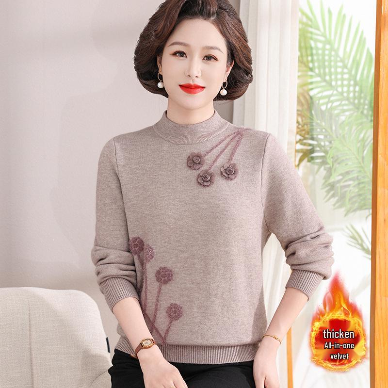 Mom's Velvet One-Piece Winter Base Layer Top for Middle-Aged & Elderly Women - Warm, Plus Velvet, Thick Knit
