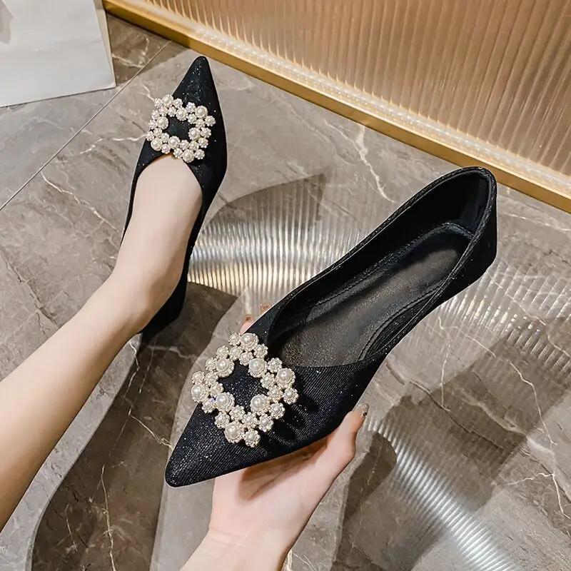 Fashion Woman Flats Pearl Buckle Low Heel Elegant Price 2025 Trend Genuine Mark Comfortable Slip On Wholesale Offer Shoe Shoes for Women