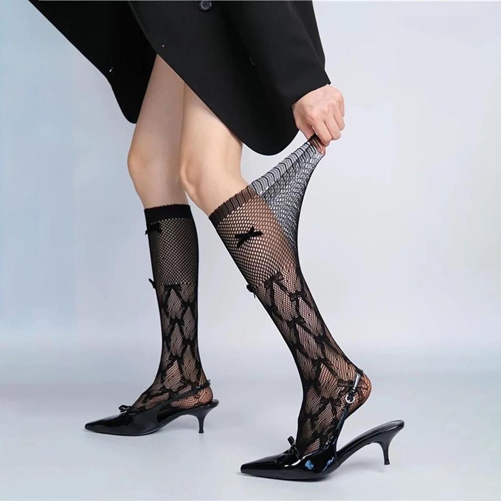 Mesh Bowknot Calf Stockings for Women Vintage Solid Color Summer Breathable Long Socks Sweet Girls Knee High Fishnet Pile Socks