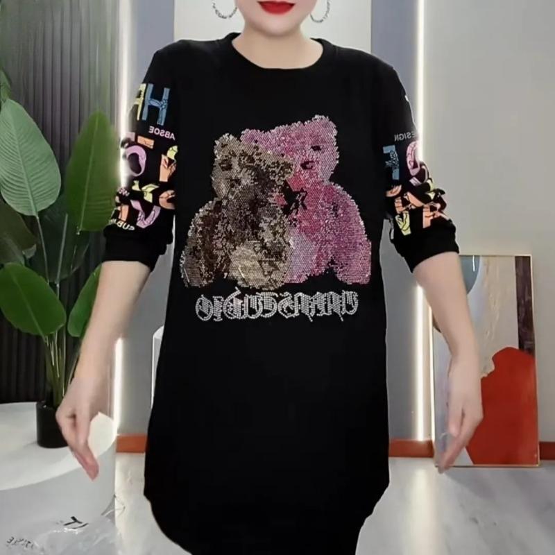 

Autumn and Winter Plus Velvet Thickened Fashion Loose Sweater Diamond Bear Round Neck Top Women L