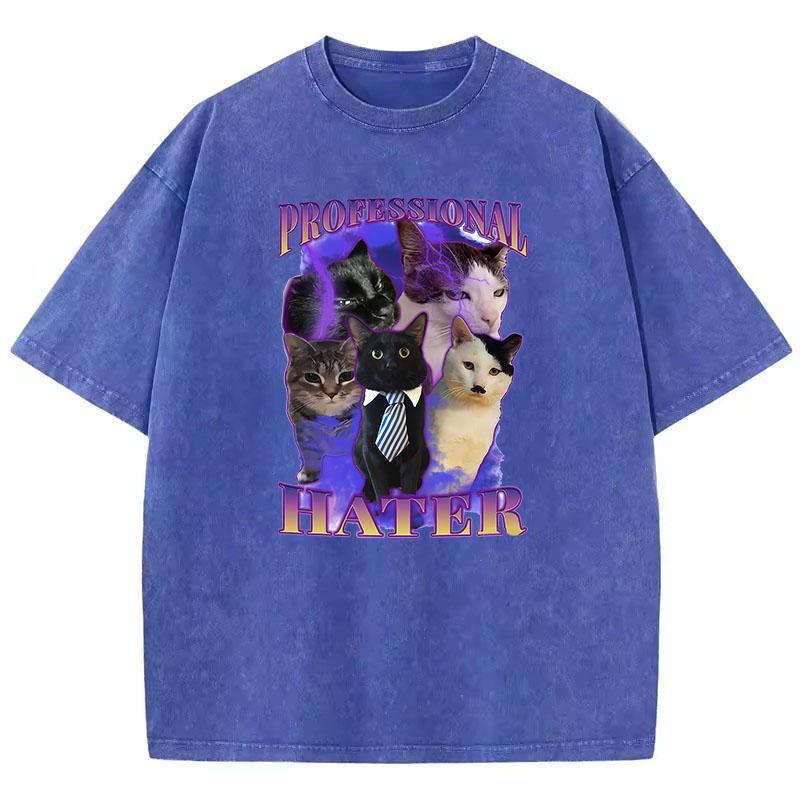 Retro T-Shirt Vintage Gewaschenes Baumwoll-T-Shirt Professioneller Hater Katze Grafik-T-Shirt Lässige Streetwear Frühling Sommer