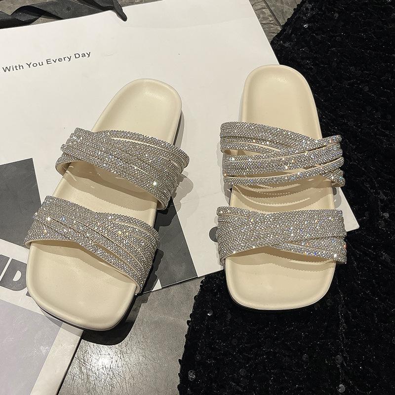 One-word Cold Slippers with Rhinestones for Women's Summer Wear 2025 New Flat-bottomed Beautiful Slippers with Skirts and Strappy Sandals.