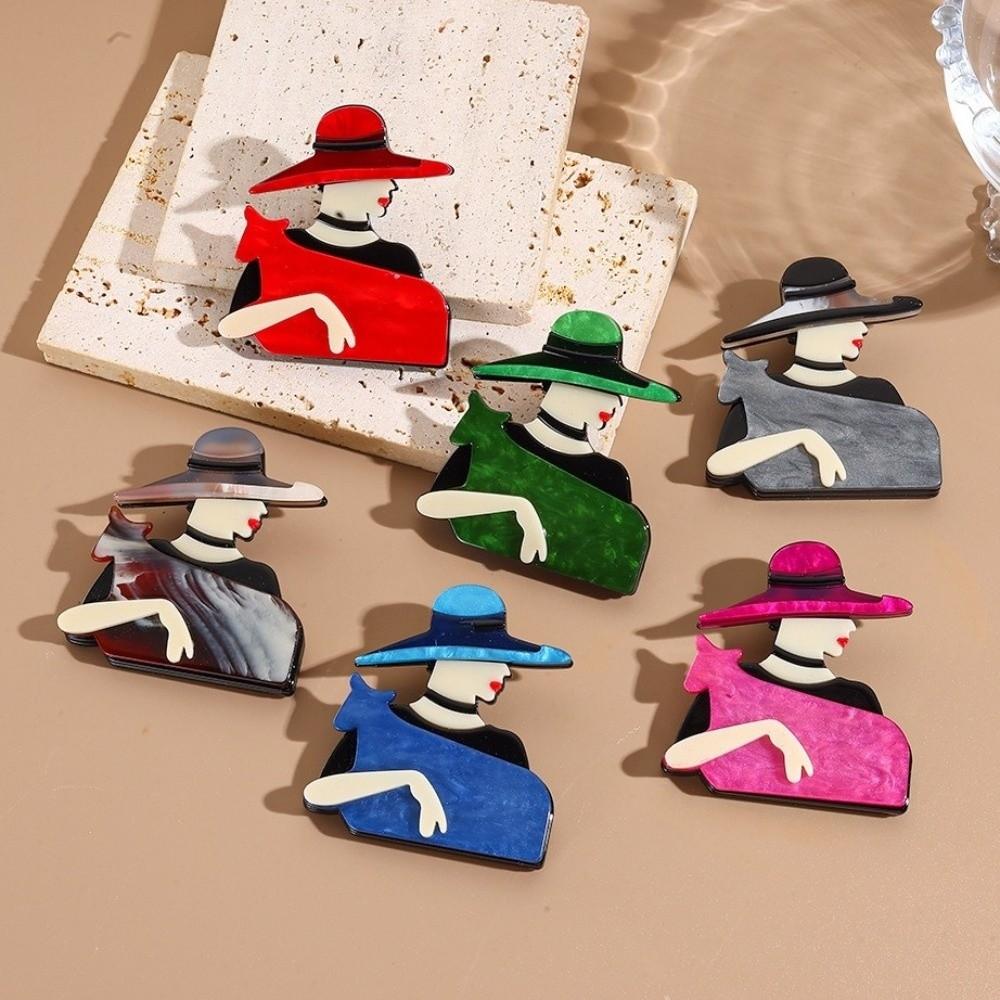 Acrylic Lady with Hat Brooch Cartoon Coat Badge Cute Women Portrait Pin  Clothing Accessories